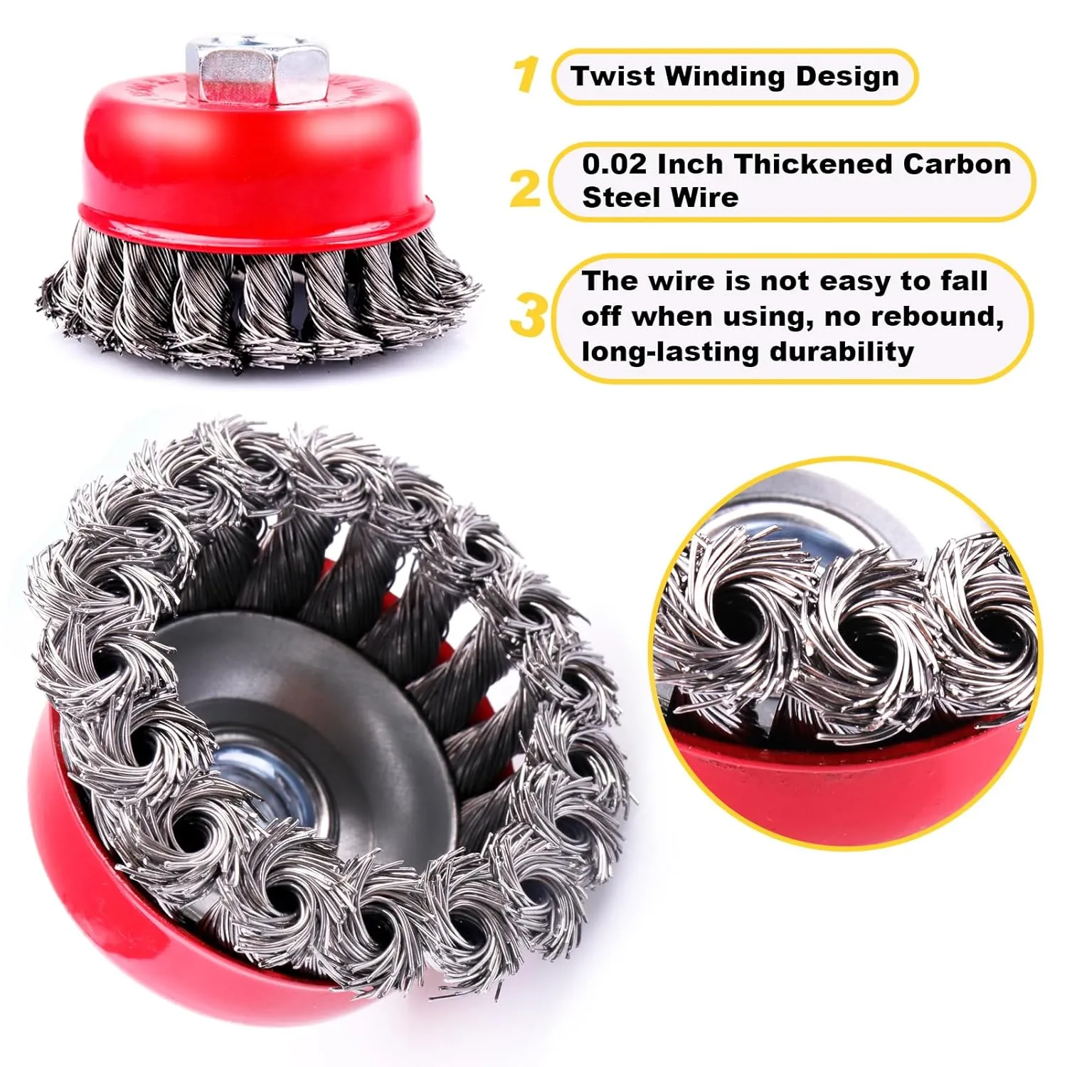 5 Pack 3 Inch Knotted Wire Cup Brush for 4 1/2 Angle Grinder, 5/8 Inch-11 Threaded Arbor, 0.02 Inch Carbon Steel Wire, Brush for Rust, Corrosion, Paint Removal