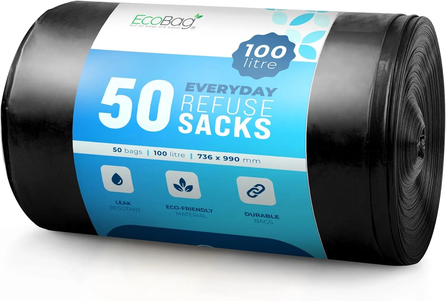 50 Pack EveryDay Refuse Sacks - 30 Microns - Recyclable Bin Bags, Leak Resistant, Eco-Friendly, Durable Waste Disposal Bags for Household & Commercial Use -Extra Strong