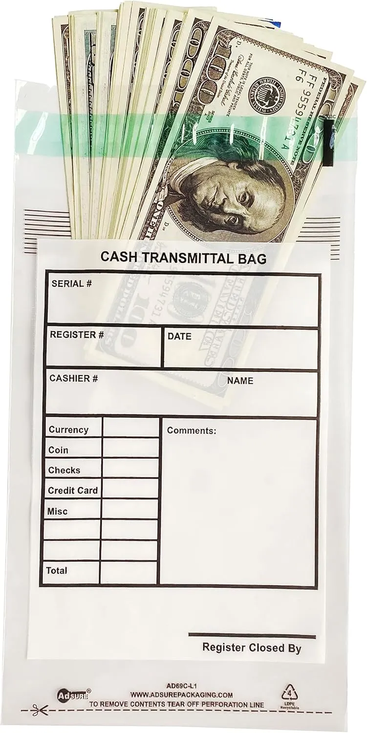 500 Pack Adsure Clear Plastic Small Bank Deposit Bags - 6"x9", Tamper Evident, Secure Money Bags for Currency, Coin, Checks, Receipts