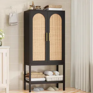55.3"H Rattan Cabinet with 2 Doors, Bathroom Storage Cabinet with Adjustable Shelf & Open Bottom Shelf, Modern Floor Cabinet for Living Room, Bathroom, Hallway, Black and Natural KES005BMCWG