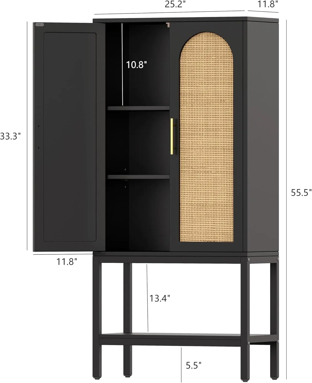 55.3"H Rattan Cabinet with 2 Doors, Bathroom Storage Cabinet with Adjustable Shelf & Open Bottom Shelf, Modern Floor Cabinet for Living Room, Bathroom, Hallway, Black and Natural KES005BMCWG