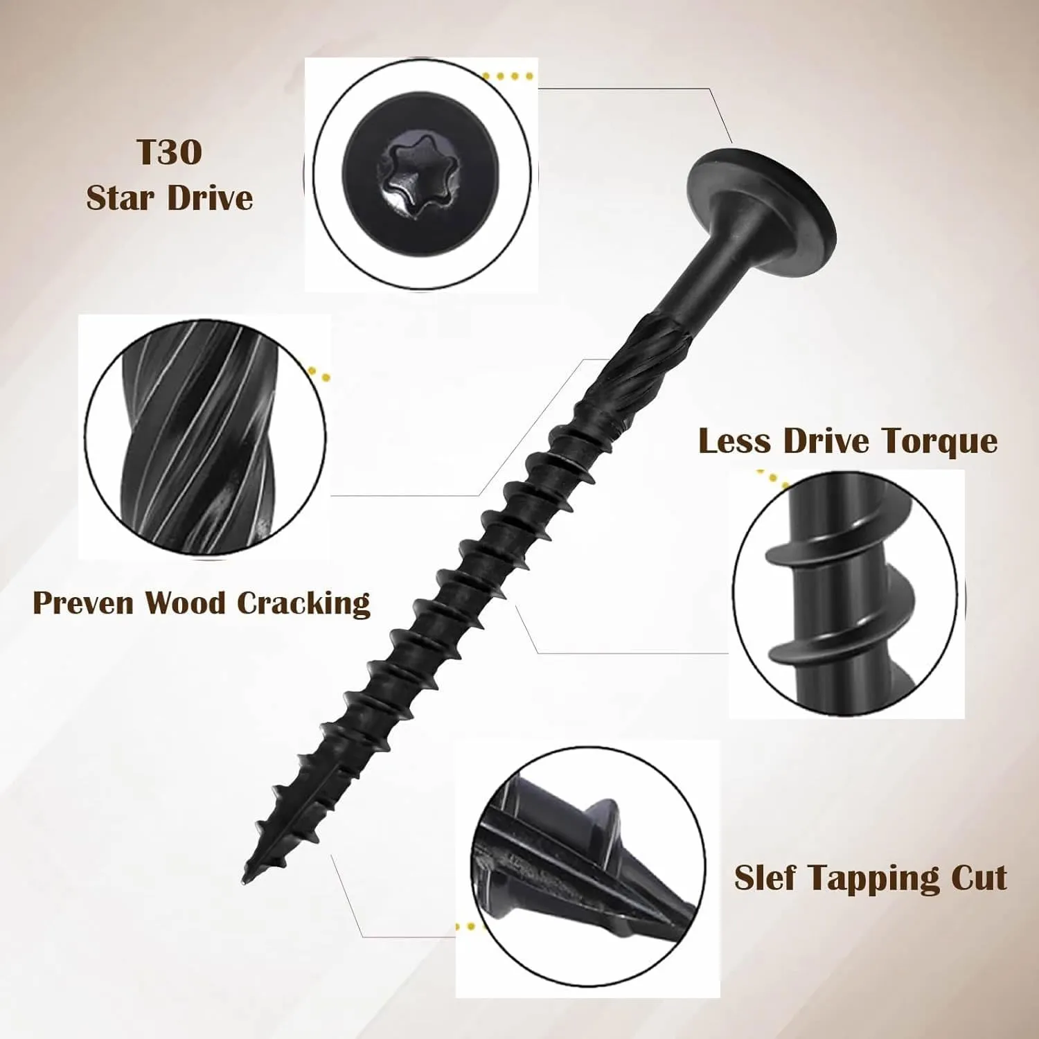 6 Inch Heavy-Duty Outdoor Structural Screws, 50Pcs Star Drive Deck Screw, Rust-Resistant Lag Screws and Wood Screws for Timber, Log, and Landscaping Projects (#14 x 6 Black),in Anchors and Screws