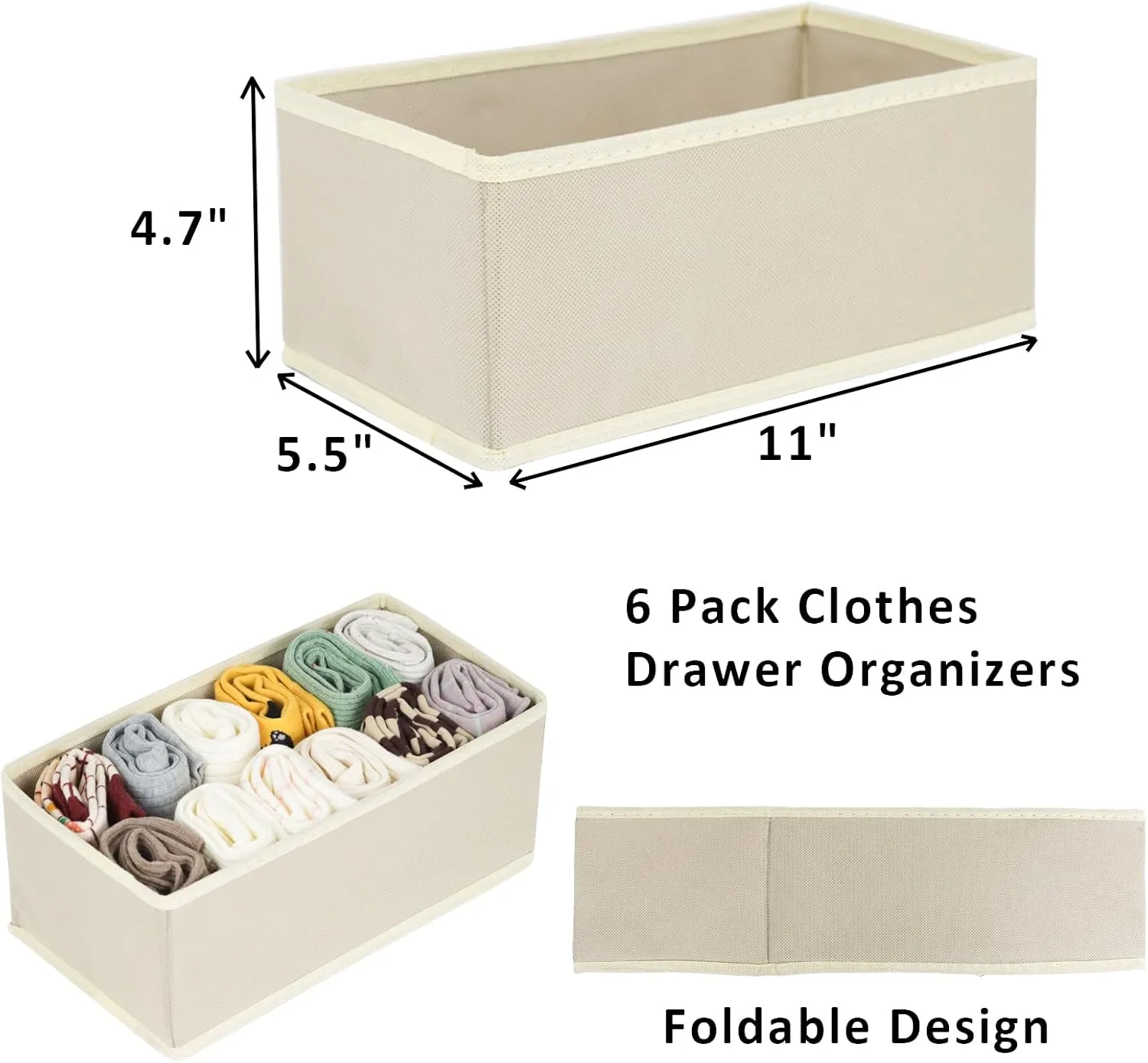 6 Pack Drawer Organizers for Clothes, Foldable Underwear Organizer Bins, Fabric Closet Cloth Storage Box Dresser Drawer Dividers for Shirts, Bra, Socks and Panties