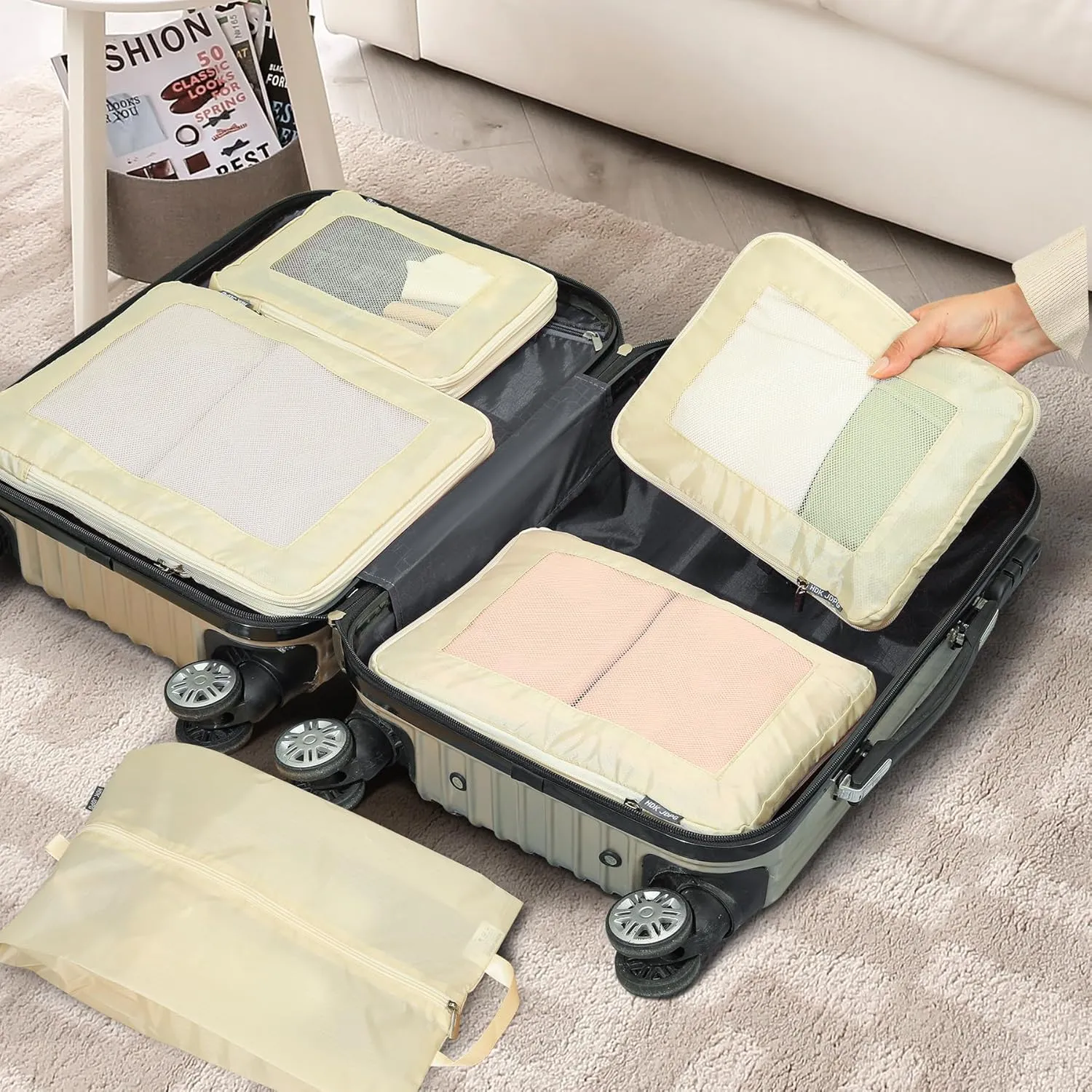 6 Set Compression Packing Cubes Travel for Suitcases ，Compressible Mesh Packing Cubes for Travel Women Essentials with Shoe Bag And Drawstring Bag