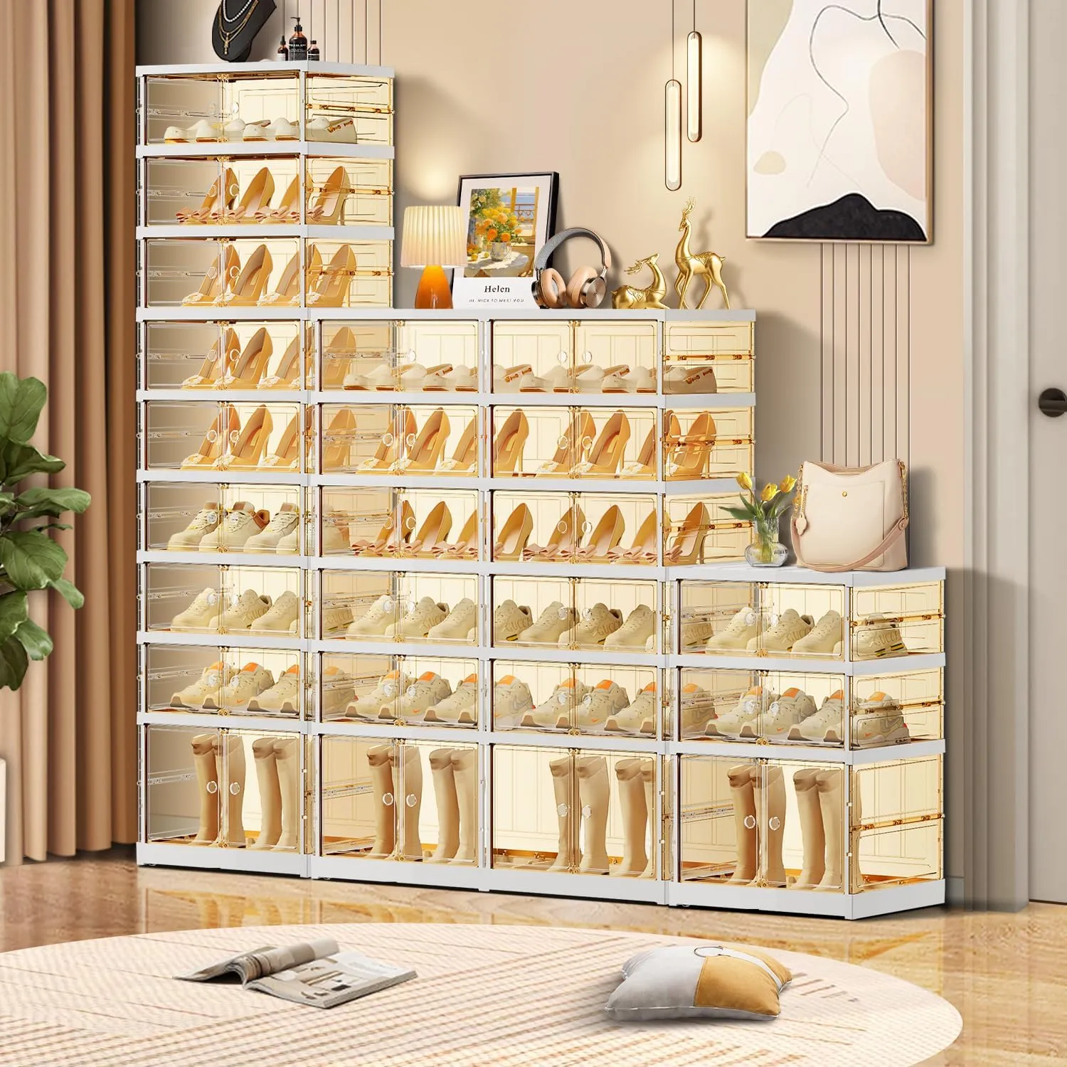 6-Tier Foldable Shoe Rack for Closet Entryway 12-24Pairs,Stackable Clear Shoe Storage Boxes Organizer with Door Plastic Shoe Cabinet Bins with Lids Shoes Shelf Easy Assembly Large
