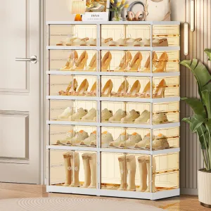6-Tier Foldable Shoe Rack for Closet Entryway 12-24Pairs,Stackable Clear Shoe Storage Boxes Organizer with Door Plastic Shoe Cabinet Bins with Lids Shoes Shelf Easy Assembly Large