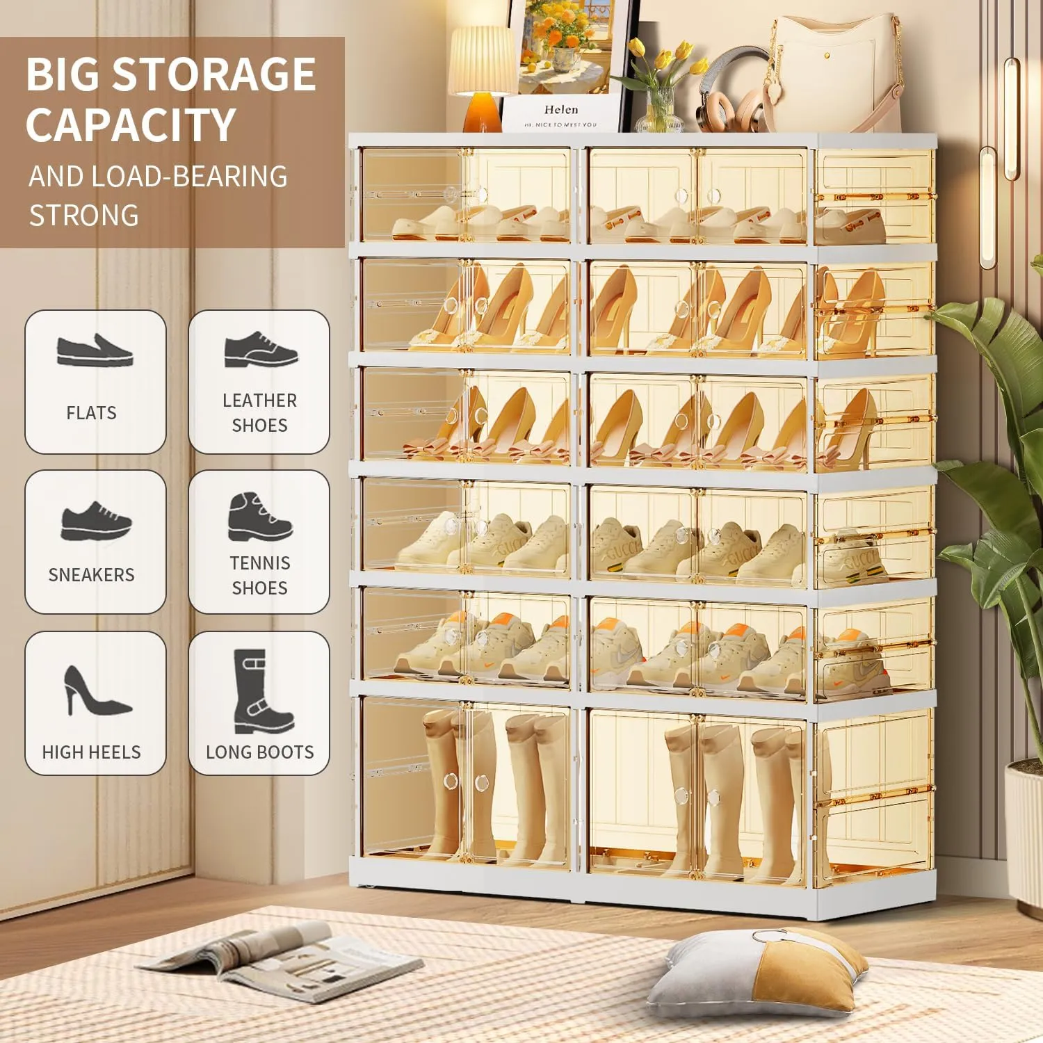 6-Tier Foldable Shoe Rack for Closet Entryway 12-24Pairs,Stackable Clear Shoe Storage Boxes Organizer with Door Plastic Shoe Cabinet Bins with Lids Shoes Shelf Easy Assembly Large