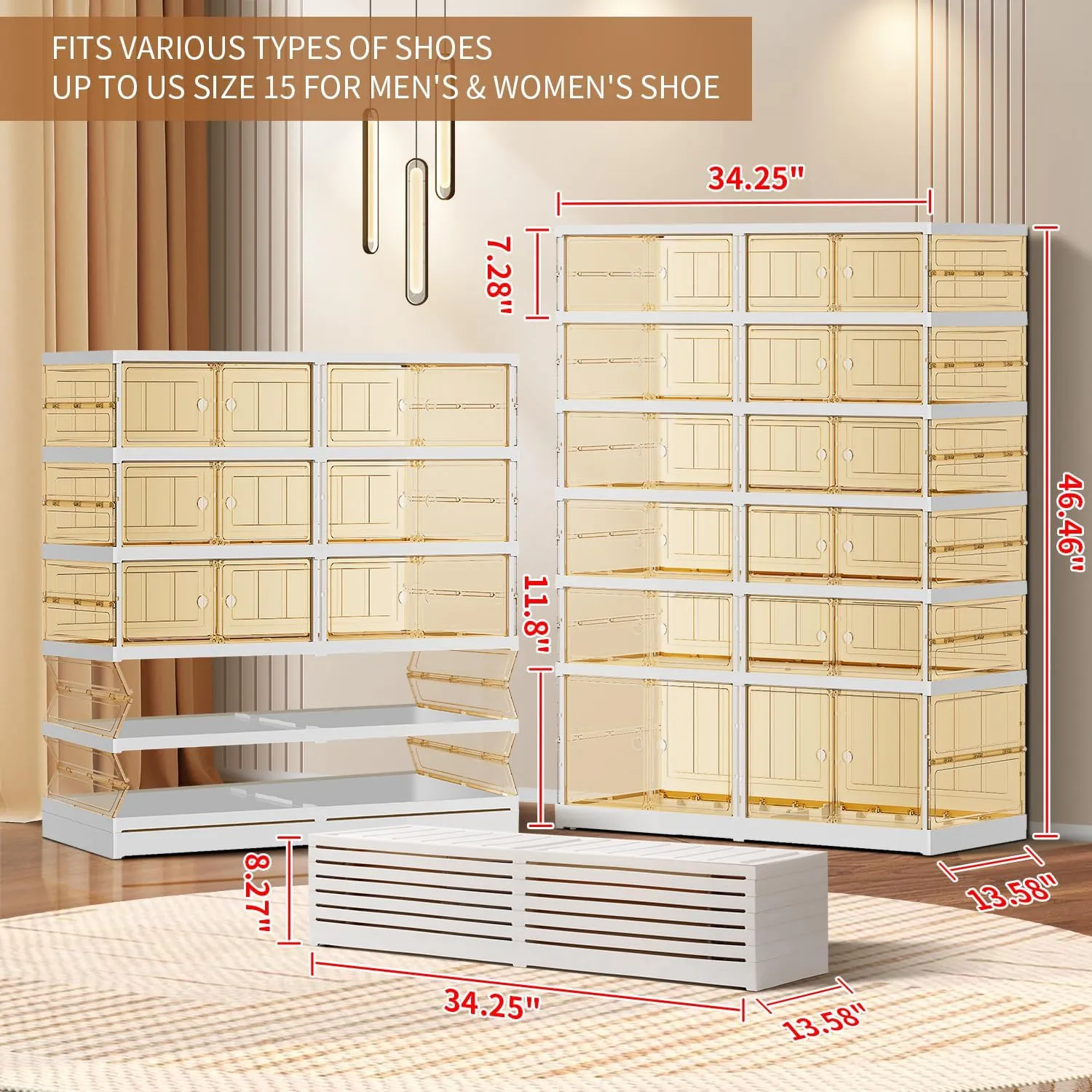 6-Tier Foldable Shoe Rack for Closet Entryway 12-24Pairs,Stackable Clear Shoe Storage Boxes Organizer with Door Plastic Shoe Cabinet Bins with Lids Shoes Shelf Easy Assembly Large