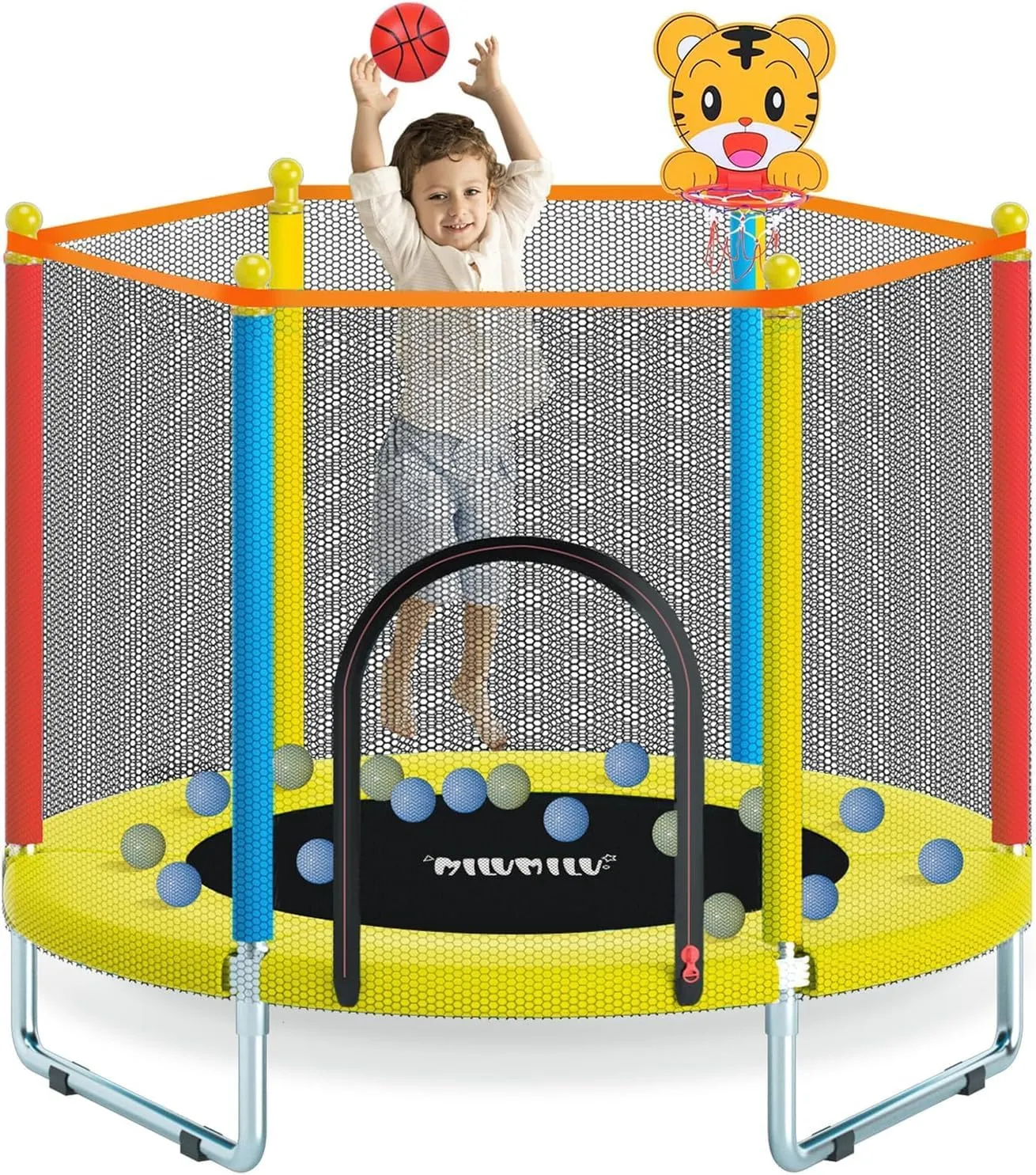 60" Indoor Outdoor Trampoline for Kids,MILUMILU Mini Baby Trampoline with Safety Enclosure Net, Basketball Hoop, Jumping Mat - Birthday Gifts for Children Boy Girl