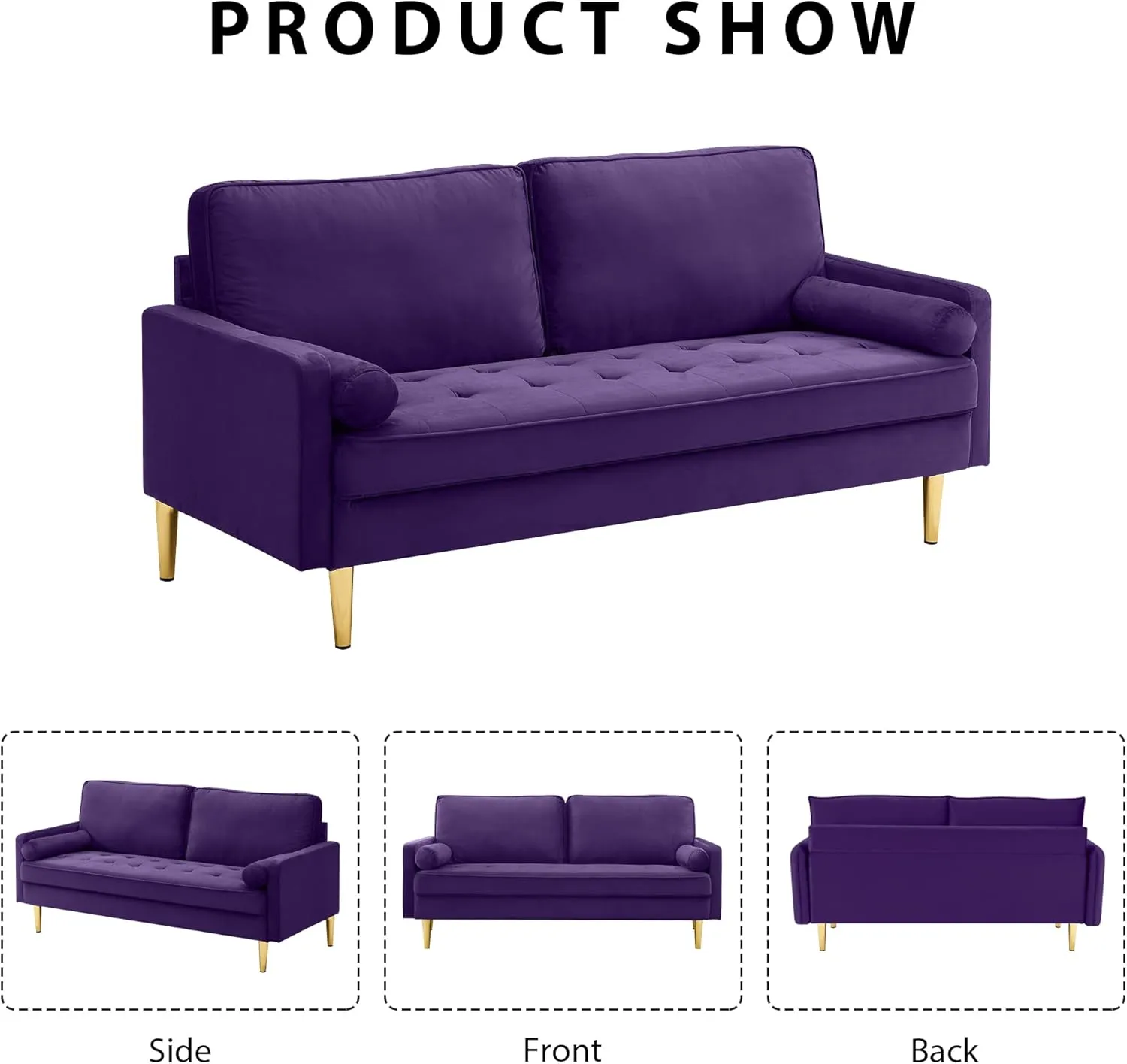 67" Modern Velvet Loveseat Sofa Couch, Mid-Century Tufted Upholstered Small Love Seat Couch with 2 Pillows & 4 Golden Legs, 2-Seats Couches for Compact Space, Living Room, Apartment (Purple)