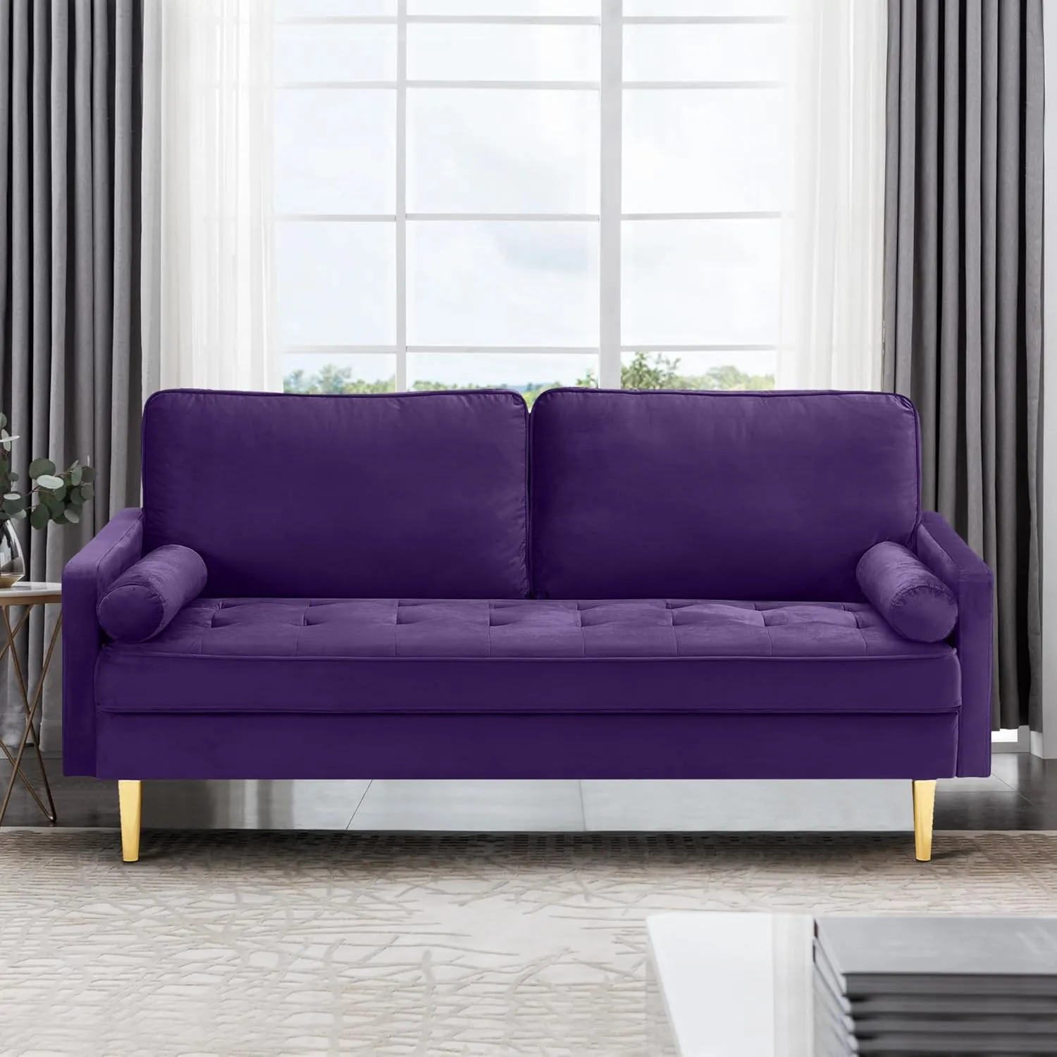 67" Modern Velvet Loveseat Sofa Couch, Mid-Century Tufted Upholstered Small Love Seat Couch with 2 Pillows & 4 Golden Legs, 2-Seats Couches for Compact Space, Living Room, Apartment (Purple)