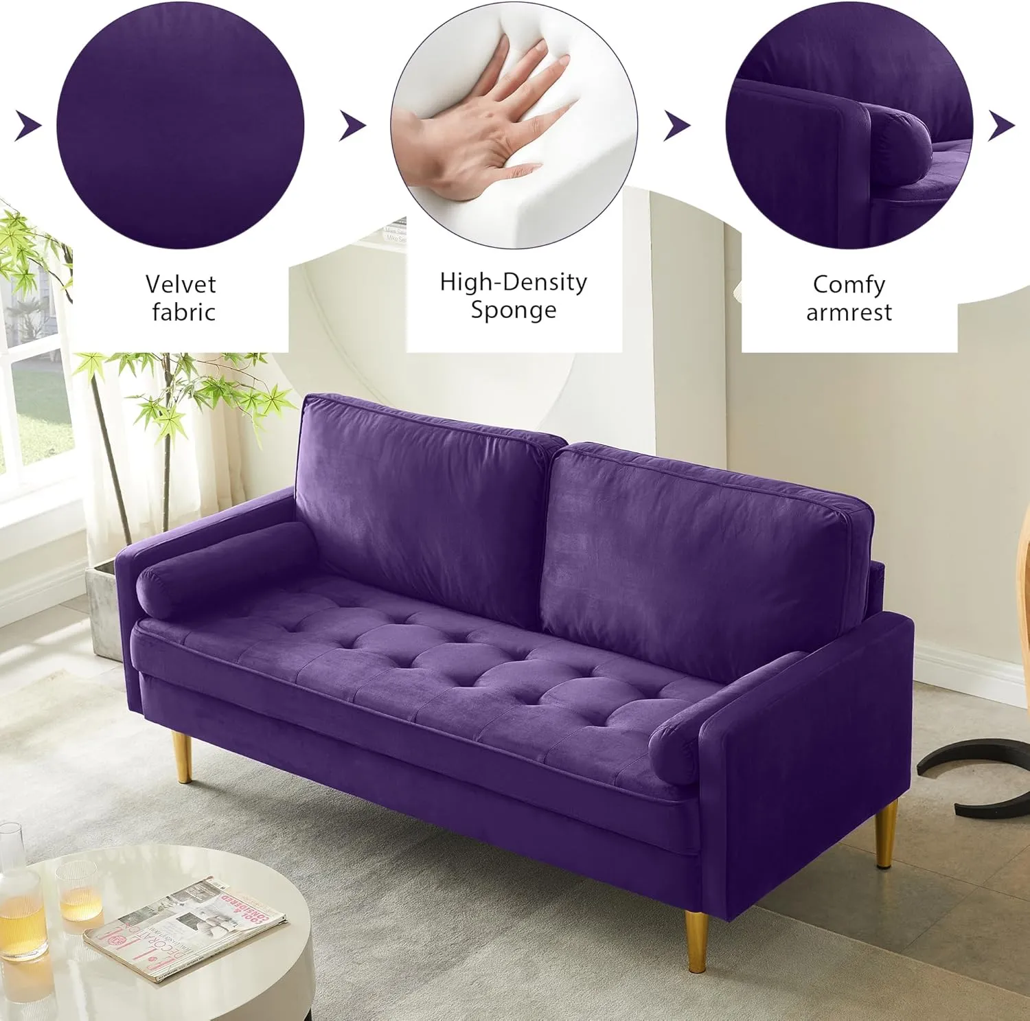 67" Modern Velvet Loveseat Sofa Couch, Mid-Century Tufted Upholstered Small Love Seat Couch with 2 Pillows & 4 Golden Legs, 2-Seats Couches for Compact Space, Living Room, Apartment (Purple)