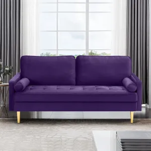 67" Modern Velvet Loveseat Sofa Couch, Mid-Century Tufted Upholstered Small Love Seat Couch with 2 Pillows & 4 Golden Legs, 2-Seats Couches for Compact Space, Living Room, Apartment (Purple)
