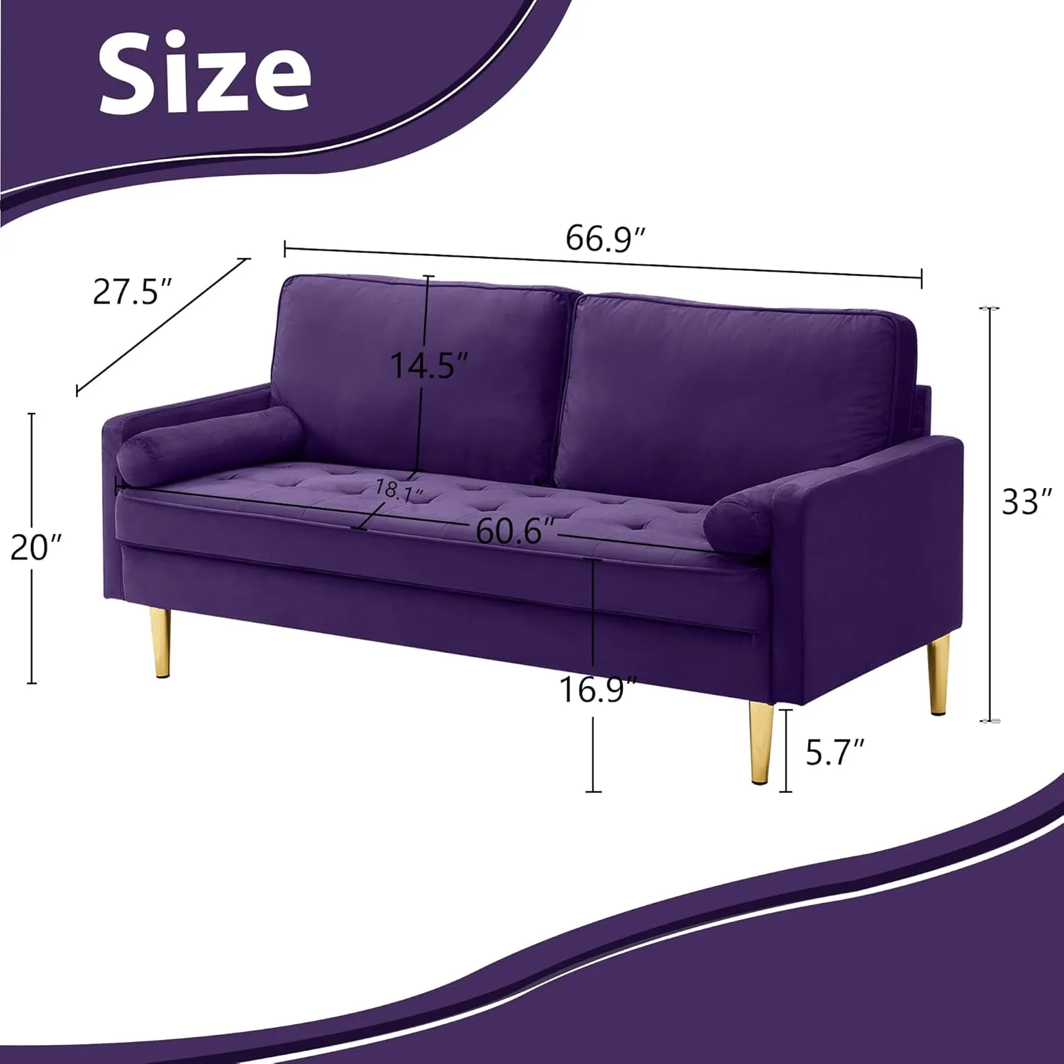 67" Modern Velvet Loveseat Sofa Couch, Mid-Century Tufted Upholstered Small Love Seat Couch with 2 Pillows & 4 Golden Legs, 2-Seats Couches for Compact Space, Living Room, Apartment (Purple)