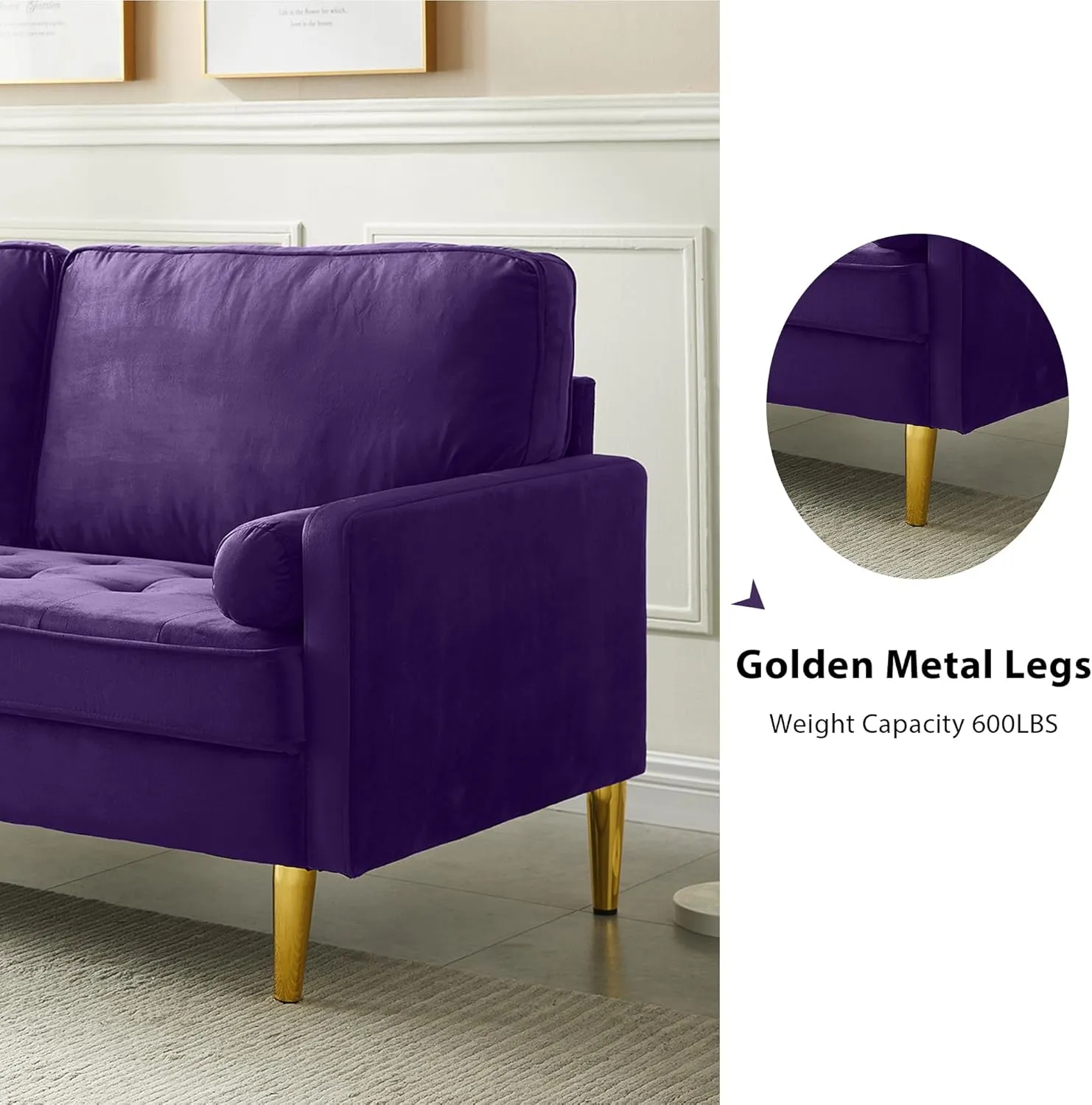 67" Modern Velvet Loveseat Sofa Couch, Mid-Century Tufted Upholstered Small Love Seat Couch with 2 Pillows & 4 Golden Legs, 2-Seats Couches for Compact Space, Living Room, Apartment (Purple)