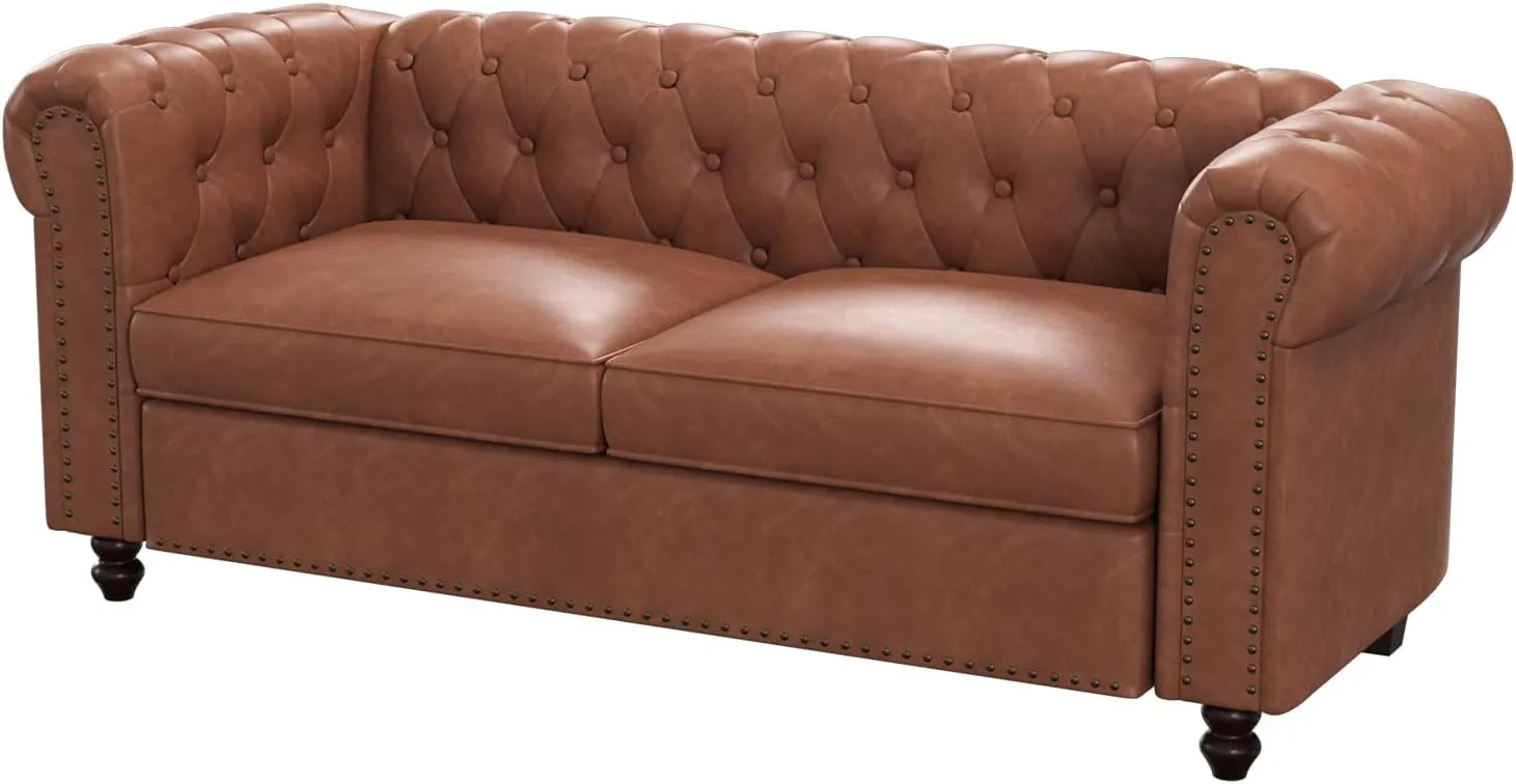 72 Inch Brown Couch, Chesterfield Faux Leather Sofa with Wooden Legs, Vintage Tufted Sofa with Rolled Arms, Mid Century Modern Couch with Rivets for Living Room, Apartment, Office