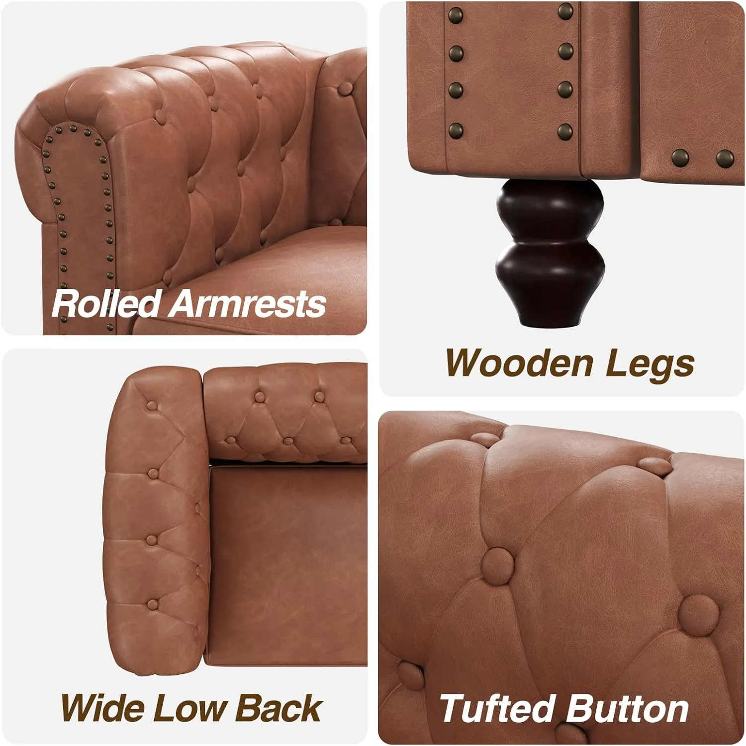 72 Inch Brown Couch, Chesterfield Faux Leather Sofa with Wooden Legs, Vintage Tufted Sofa with Rolled Arms, Mid Century Modern Couch with Rivets for Living Room, Apartment, Office