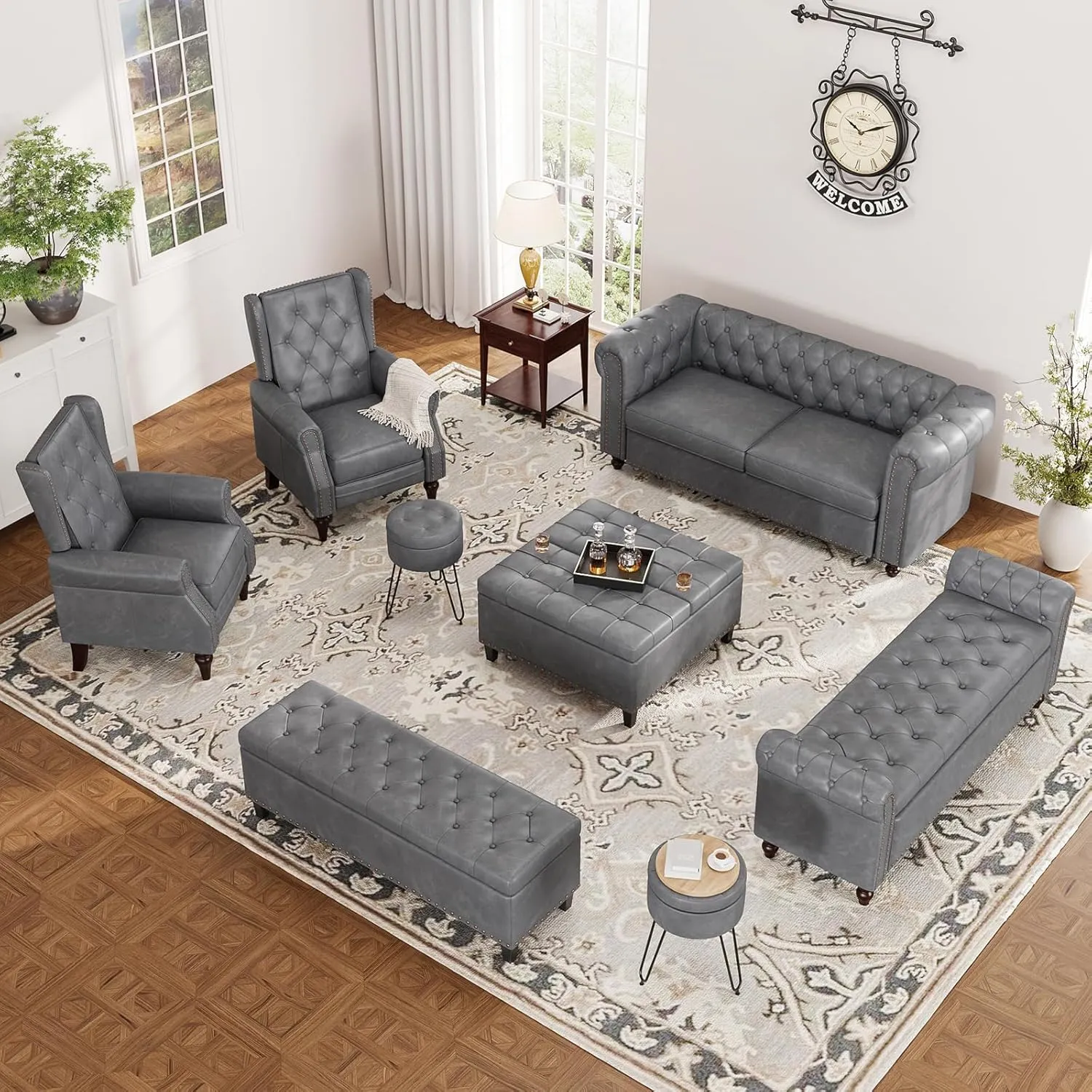 72 Inch Couch, Chesterfield Faux Leather Sofa with Wooden Legs, Vintage Tufted Sofa with Rolled Arms, Mid Century Modern Couch with Rivets for Living Room, Apartment, Office, Grey