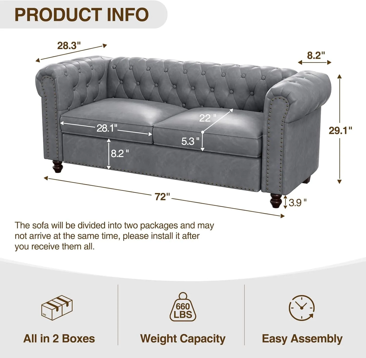 72 Inch Couch, Chesterfield Faux Leather Sofa with Wooden Legs, Vintage Tufted Sofa with Rolled Arms, Mid Century Modern Couch with Rivets for Living Room, Apartment, Office, Grey