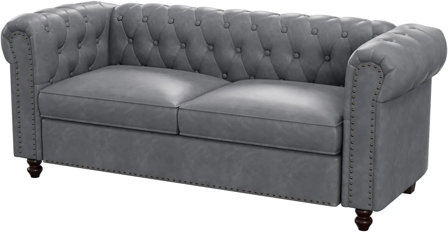 72 Inch Couch, Chesterfield Faux Leather Sofa with Wooden Legs, Vintage Tufted Sofa with Rolled Arms, Mid Century Modern Couch with Rivets for Living Room, Apartment, Office, Grey
