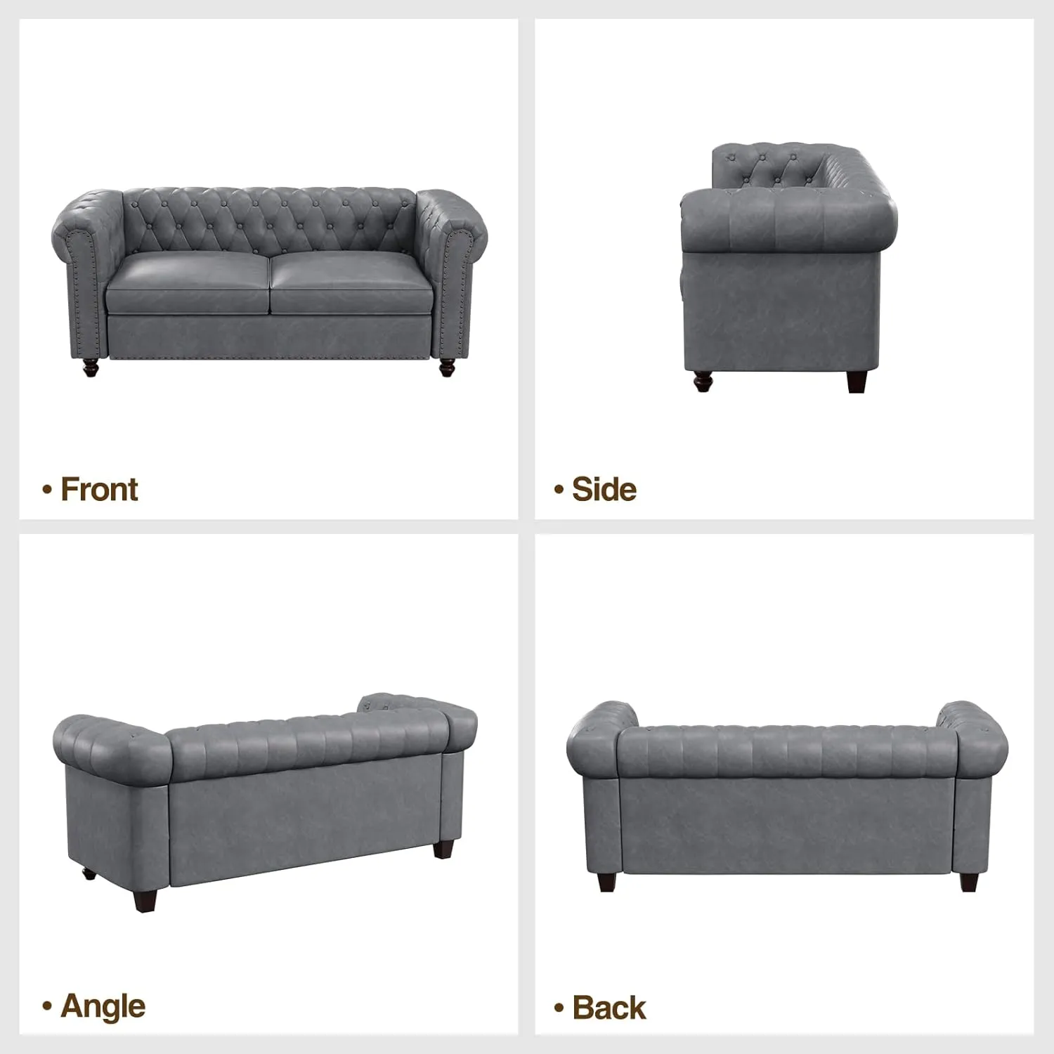72 Inch Couch, Chesterfield Faux Leather Sofa with Wooden Legs, Vintage Tufted Sofa with Rolled Arms, Mid Century Modern Couch with Rivets for Living Room, Apartment, Office, Grey