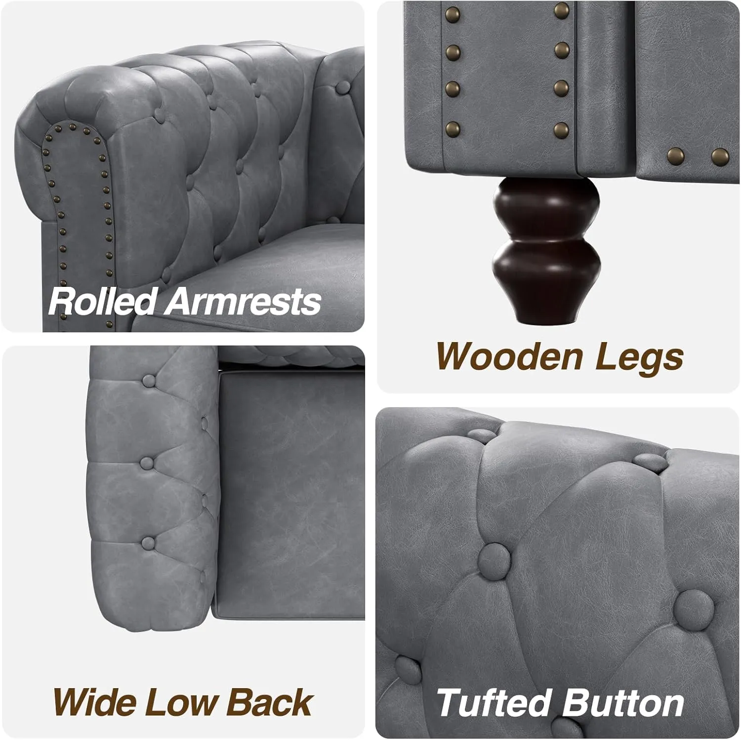 72 Inch Couch, Chesterfield Faux Leather Sofa with Wooden Legs, Vintage Tufted Sofa with Rolled Arms, Mid Century Modern Couch with Rivets for Living Room, Apartment, Office, Grey