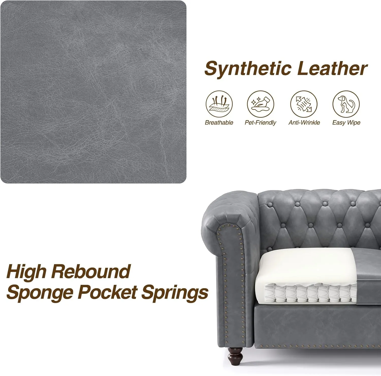 72 Inch Couch, Chesterfield Faux Leather Sofa with Wooden Legs, Vintage Tufted Sofa with Rolled Arms, Mid Century Modern Couch with Rivets for Living Room, Apartment, Office, Grey