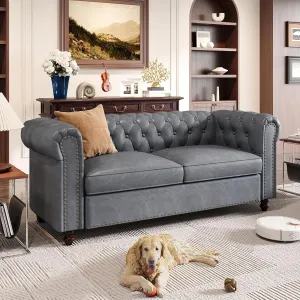 72 Inch Couch, Chesterfield Faux Leather Sofa with Wooden Legs, Vintage Tufted Sofa with Rolled Arms, Mid Century Modern Couch with Rivets for Living Room, Apartment, Office, Grey