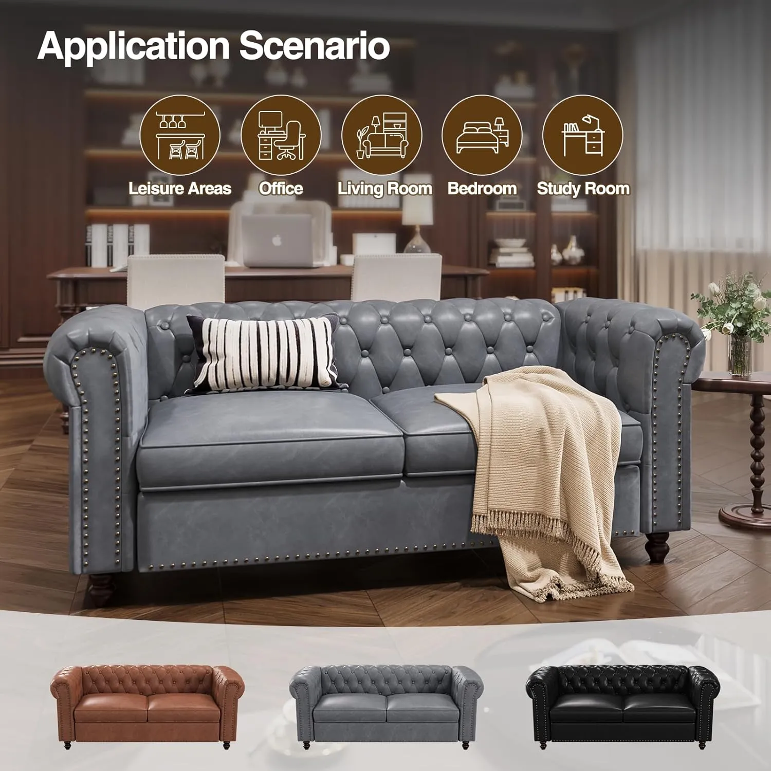 72 Inch Couch, Chesterfield Faux Leather Sofa with Wooden Legs, Vintage Tufted Sofa with Rolled Arms, Mid Century Modern Couch with Rivets for Living Room, Apartment, Office, Grey