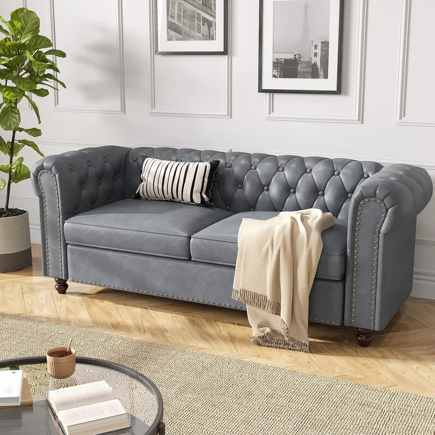 72 Inch Couch, Chesterfield Faux Leather Sofa with Wooden Legs, Vintage Tufted Sofa with Rolled Arms, Mid Century Modern Couch with Rivets for Living Room, Apartment, Office, Grey