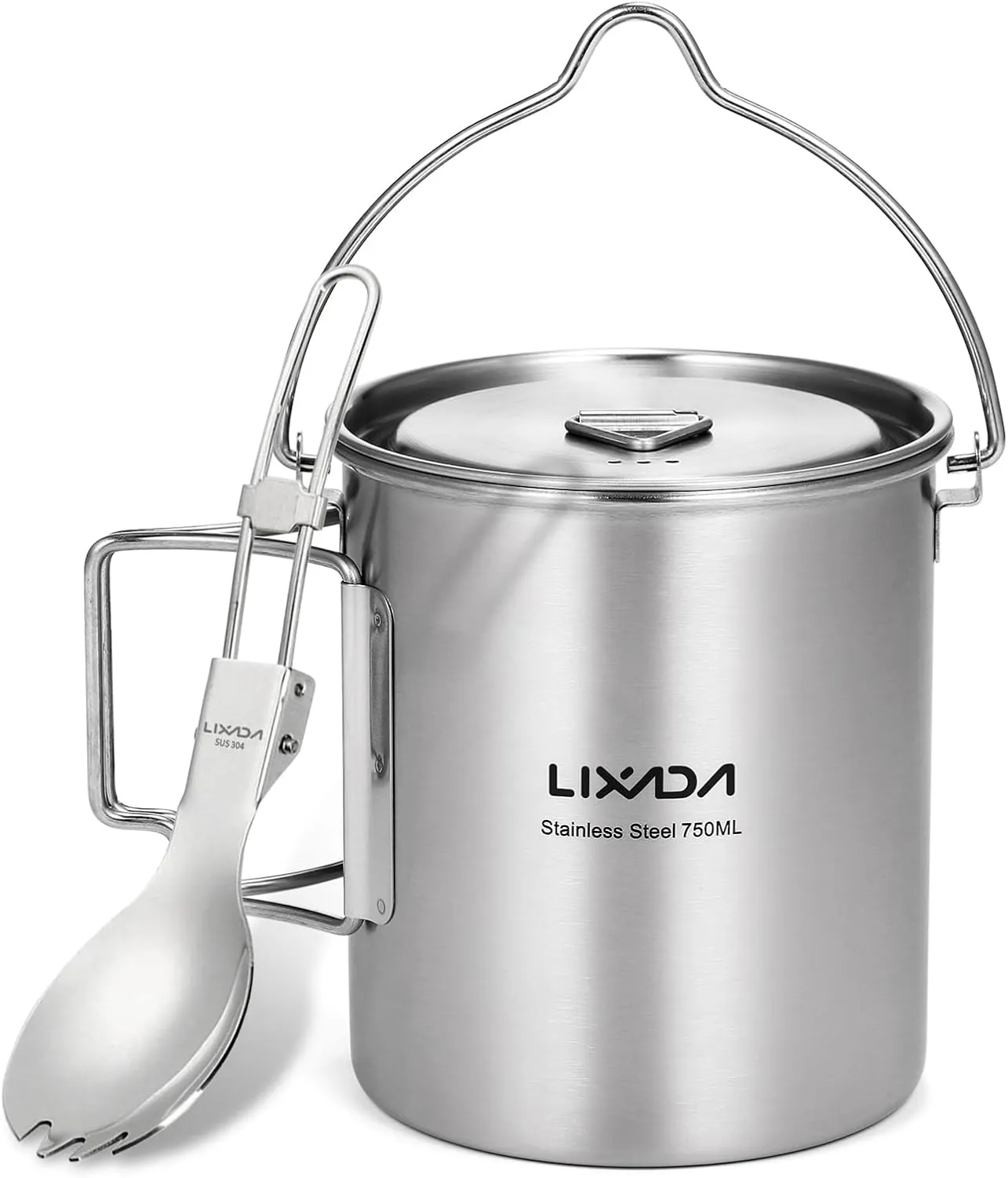 750ml Stainless Steel Cup with Gradation Marks, Foldable Handle, Lid, and Mesh Bag for Camping, Hiking, Picnic (750ml hanging pot with fork spoon)