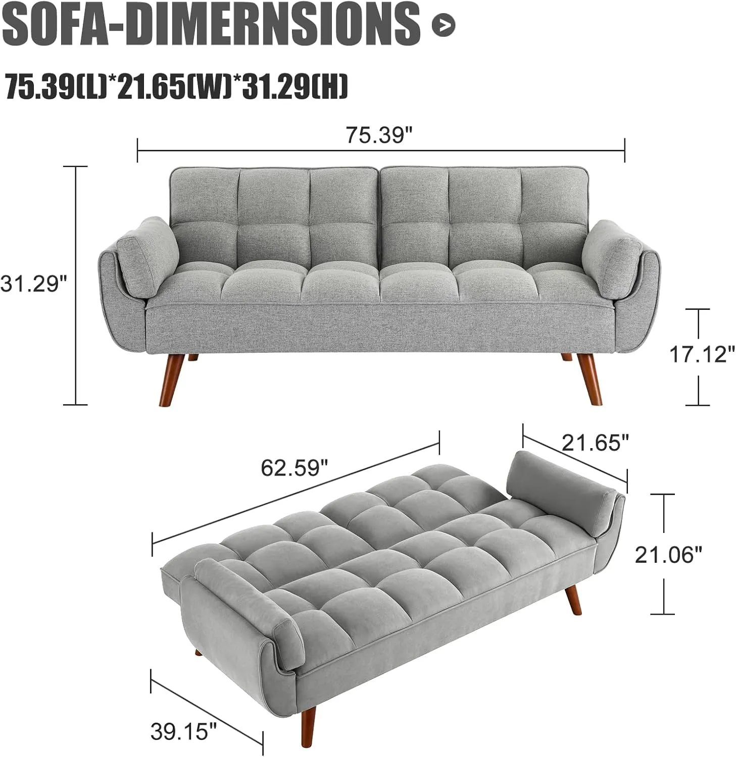 75" Convertible Futon Sofa Bed, Sleeper Couch Bed, Loveseat, Sofa Cama, Small Couches for Small Spaces, Living Room, Bedroom(Gray, Linen)
