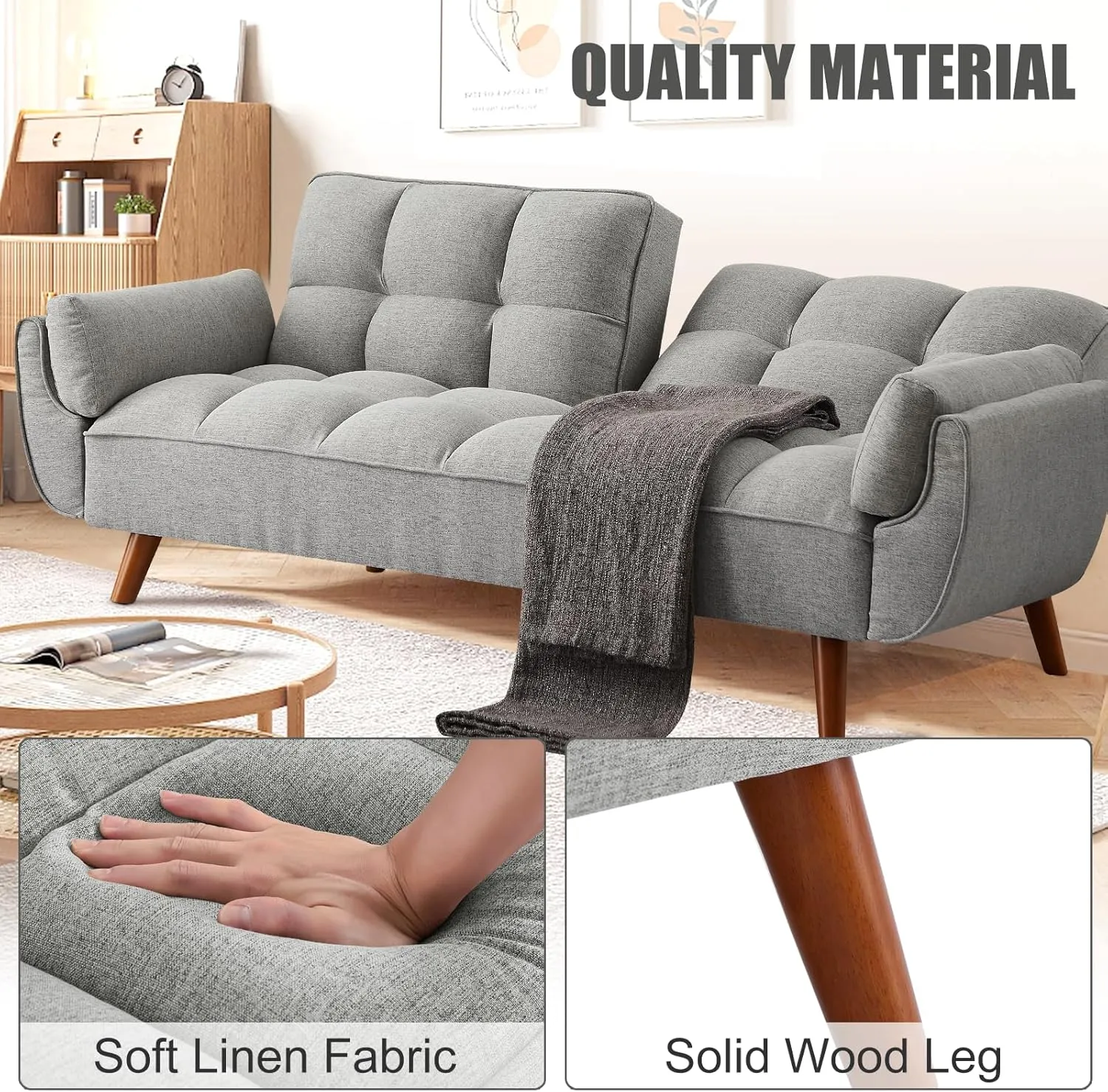 75" Convertible Futon Sofa Bed, Sleeper Couch Bed, Loveseat, Sofa Cama, Small Couches for Small Spaces, Living Room, Bedroom(Gray, Linen)