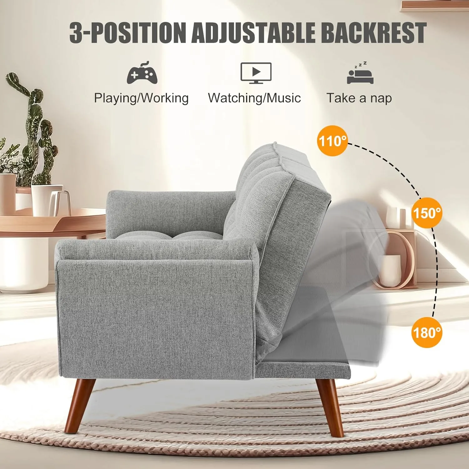 75" Convertible Futon Sofa Bed, Sleeper Couch Bed, Loveseat, Sofa Cama, Small Couches for Small Spaces, Living Room, Bedroom(Gray, Linen)