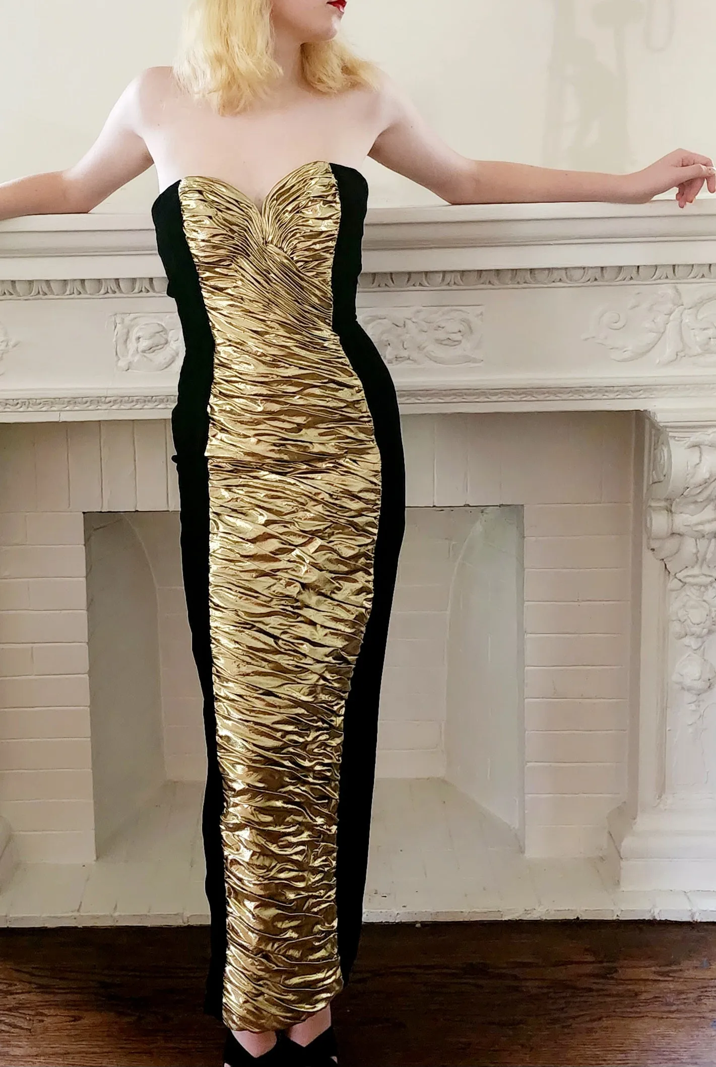 80s Black Velvet Strapless Dress Gold Ruched Front Vicky Tiel