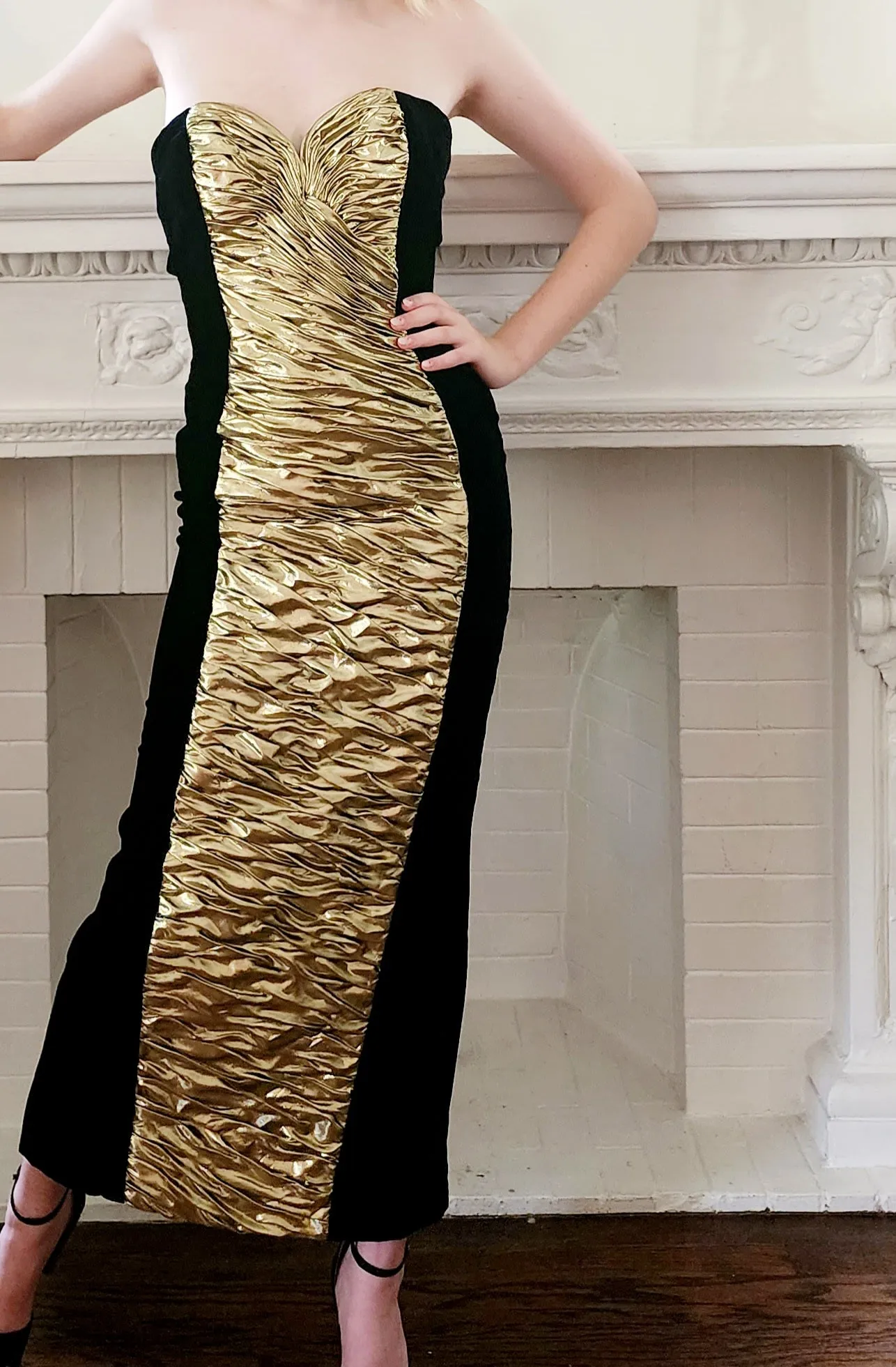 80s Black Velvet Strapless Dress Gold Ruched Front Vicky Tiel