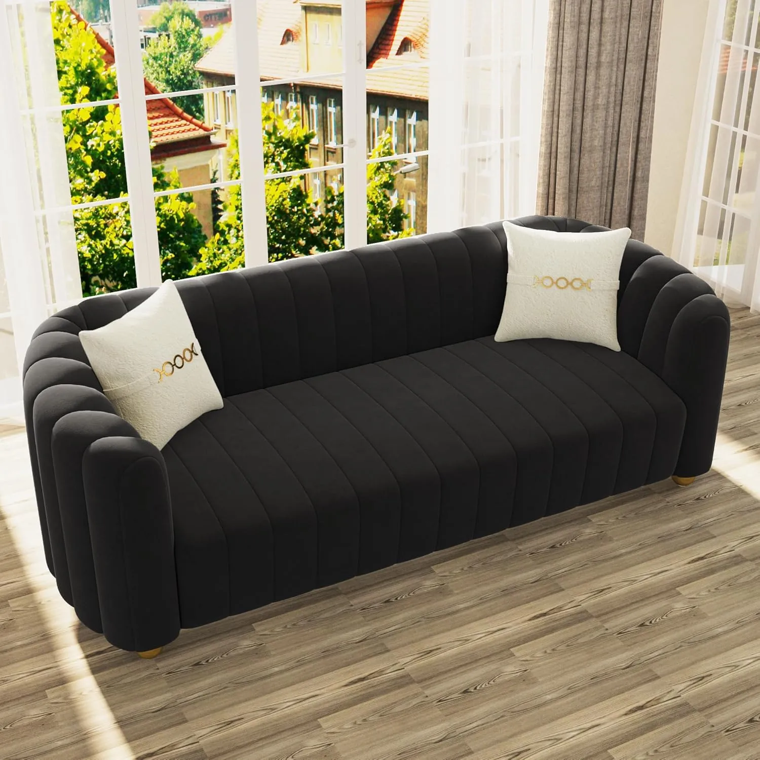 83'' Velvet Sofa Set for Living Room Modern Comfy Chesterfield Tufted Couch 3-Seater Apartment Sofa with 2 Pillows & Golden Metal Legs
