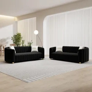 83'' Velvet Sofa Set for Living Room Modern Comfy Chesterfield Tufted Couch 3-Seater Apartment Sofa with 2 Pillows & Golden Metal Legs