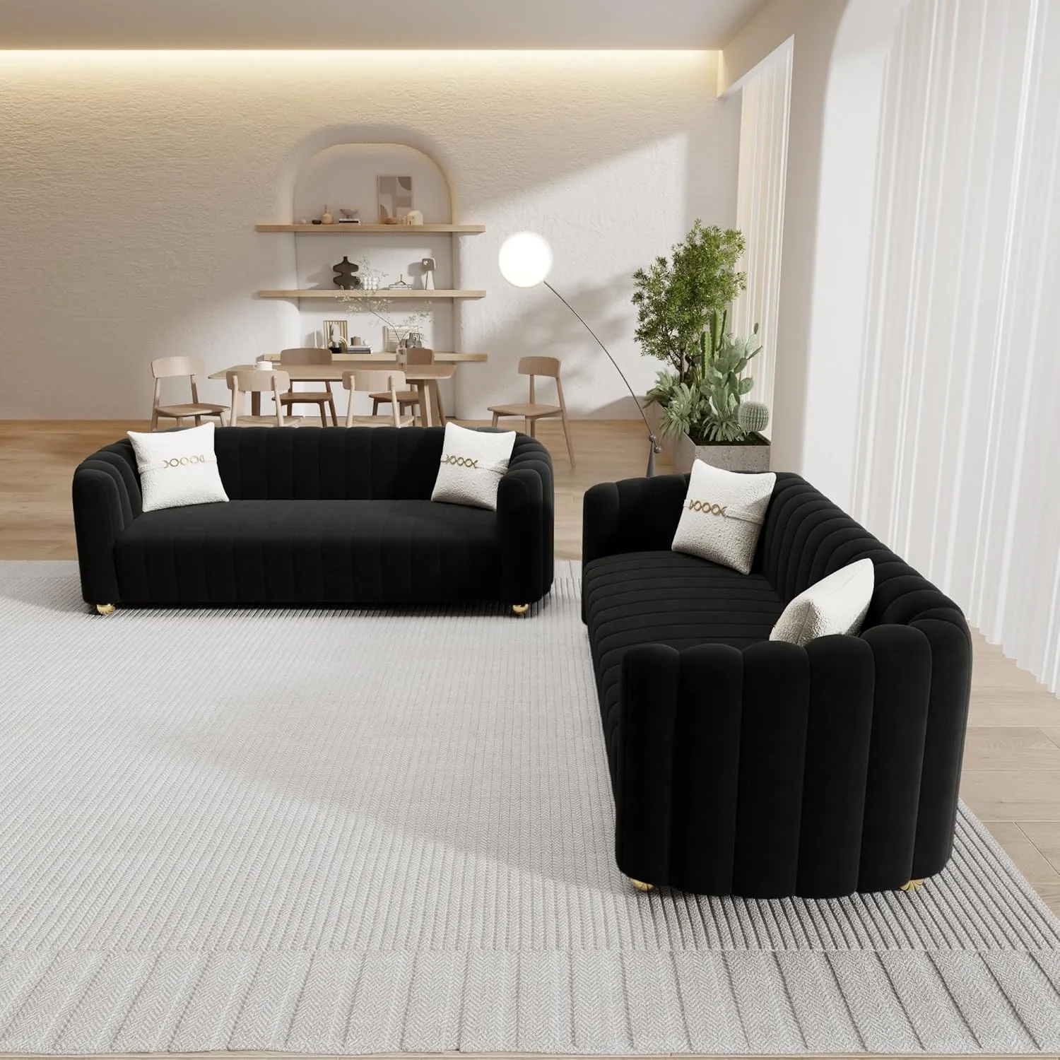 83'' Velvet Sofa Set for Living Room Modern Comfy Chesterfield Tufted Couch 3-Seater Apartment Sofa with 2 Pillows & Golden Metal Legs