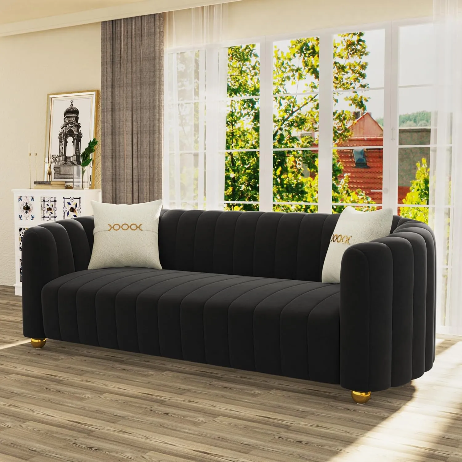 83'' Velvet Sofa Set for Living Room Modern Comfy Chesterfield Tufted Couch 3-Seater Apartment Sofa with 2 Pillows & Golden Metal Legs