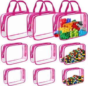 9 Packs Clear PVC Toy Storage Bags Toiletry Bags Waterproof Kids Zippered Toy Organizing Bags for Building Blocks Puzzle Stationery Rose