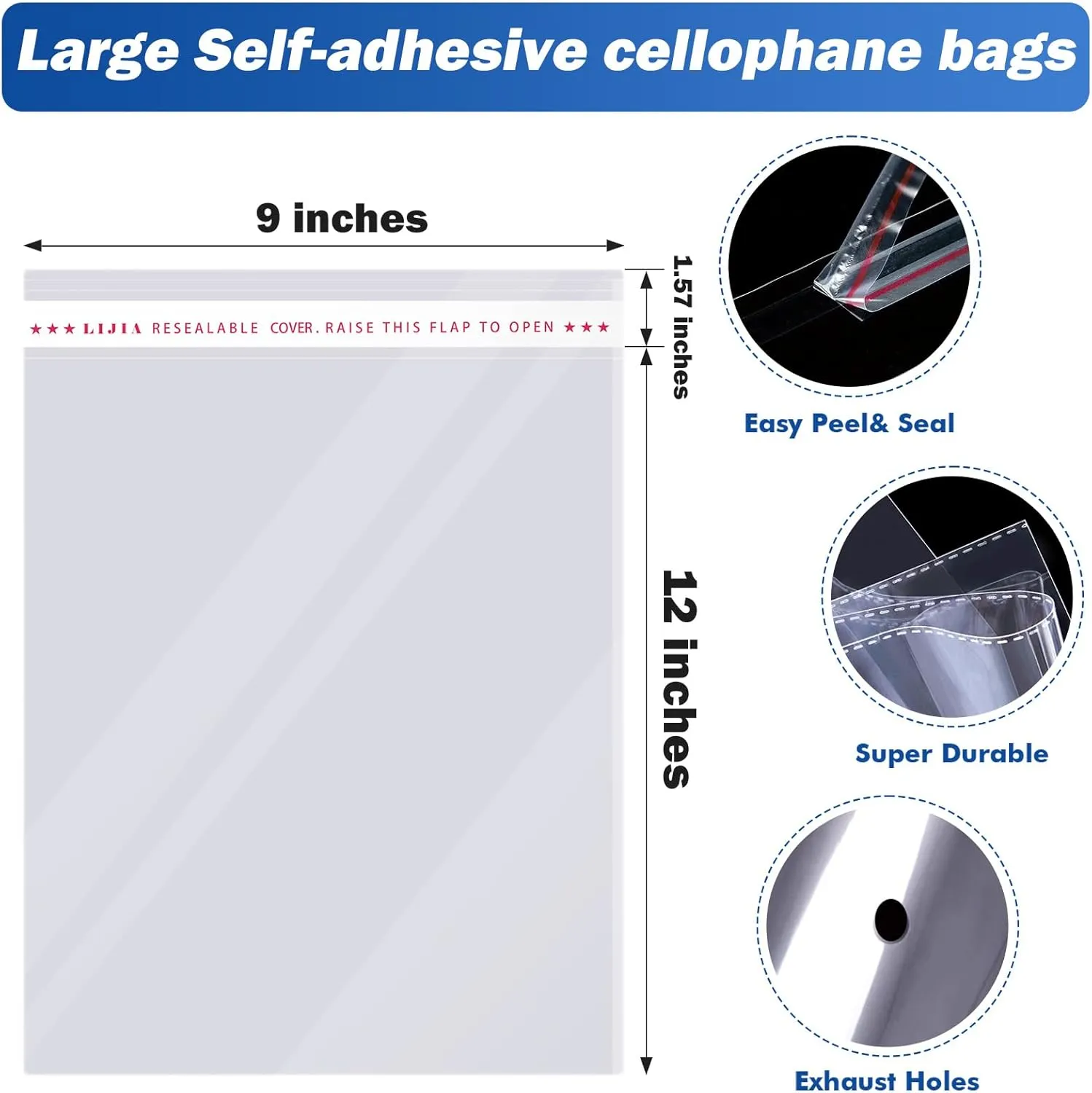 9 x 12 inches Large Resealable Cellophane Bags 500ct Plastic Clear Treat Gift Bags Self-adhesive Sealing Plastic Bags in Bulk for T-shirts, Clothes and Gifts Transparent Cello Bags