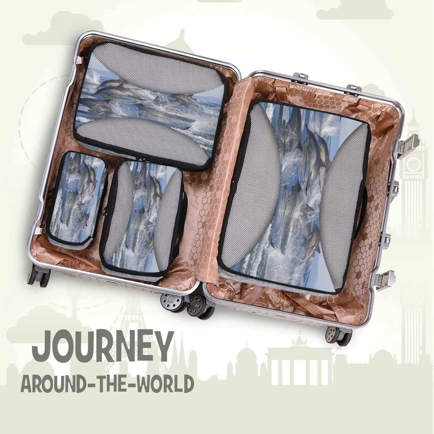 A Group of Dolphins with Long Beaks Jumped out of the Water4 Set Packing Cubes, 600D Oxford Cloth Toiletry Bag, Travel Packing Organizers