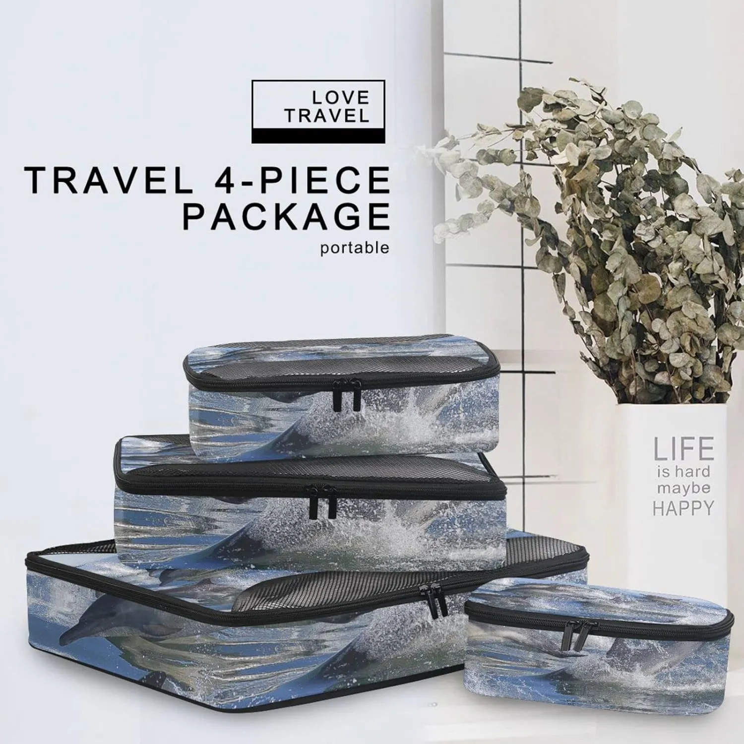 A Group of Dolphins with Long Beaks Jumped out of the Water4 Set Packing Cubes, 600D Oxford Cloth Toiletry Bag, Travel Packing Organizers