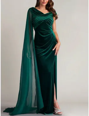 A-Line Evening Gown Elegant Dress Formal Court Train Sleeveless V Neck Velvet with Ruched Slit Dark Green