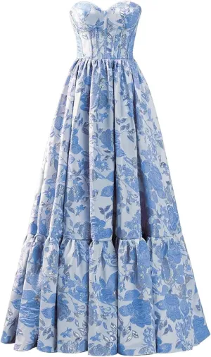 A-line Jacquard Satin Formal Evening Gowns for Women, Sweetheart Prom Dress Strapless Long Party Dress