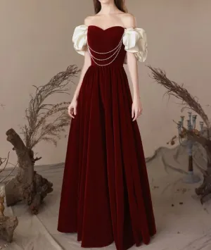 A-Line Sweetheart Neck Velvet Burgundy Long Prom Dress Evening Dress Off Shoulder Elegant