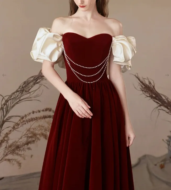 A-Line Sweetheart Neck Velvet Burgundy Long Prom Dress Evening Dress Off Shoulder Elegant