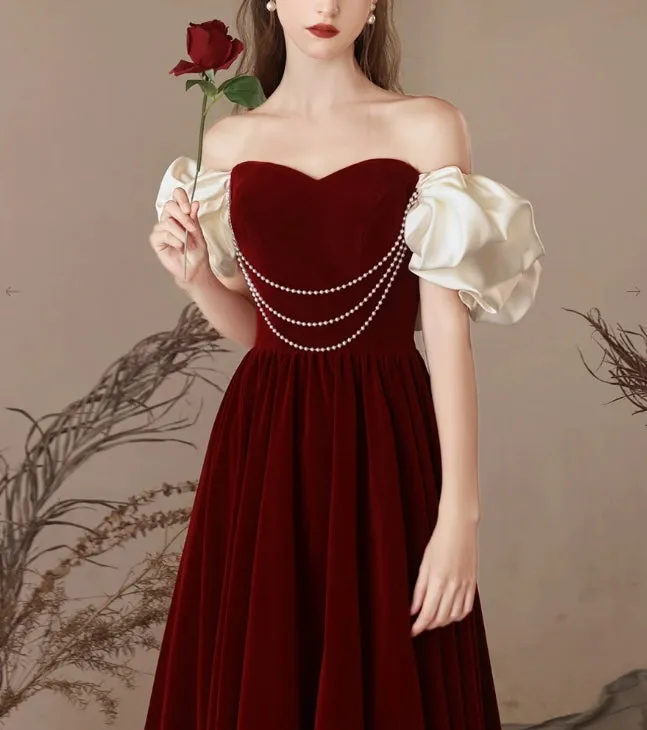 A-Line Sweetheart Neck Velvet Burgundy Long Prom Dress Evening Dress Off Shoulder Elegant