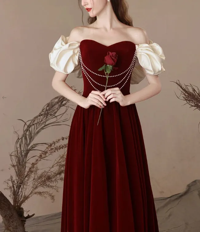 A-Line Sweetheart Neck Velvet Burgundy Long Prom Dress Evening Dress Off Shoulder Elegant